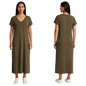 CUYANA Olive Green Pima Cotton Modal Soft Jersey Knit Midi Shirt Dress in Size M